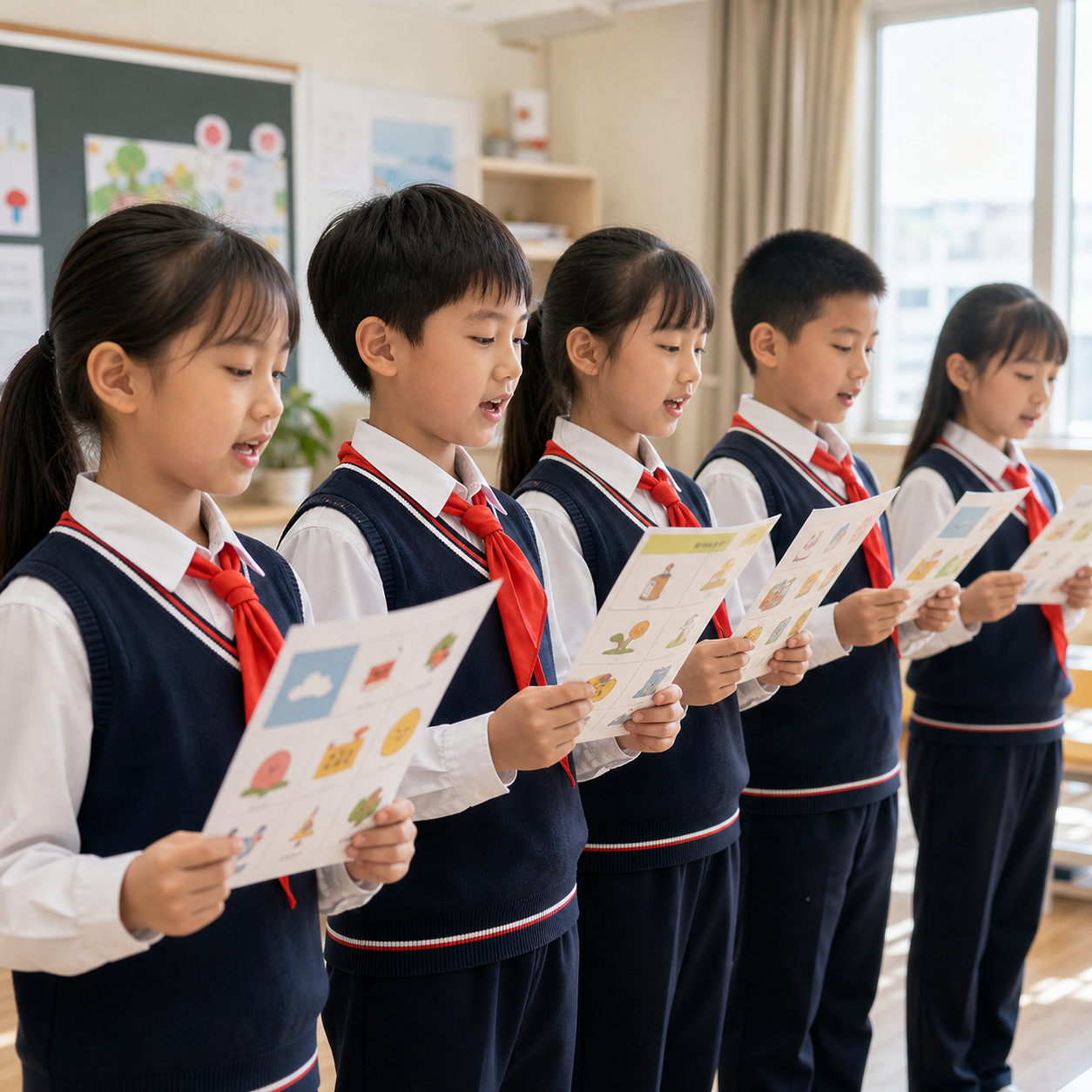 学生使用词汇海报晨读背诵
